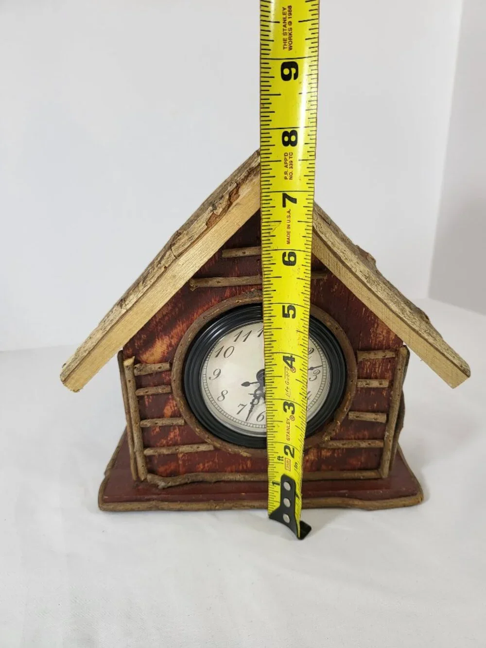 Vintage Handcrafted Wooden Log Cabin Shelf Clock, Rustic Folk Art Mantel Clock